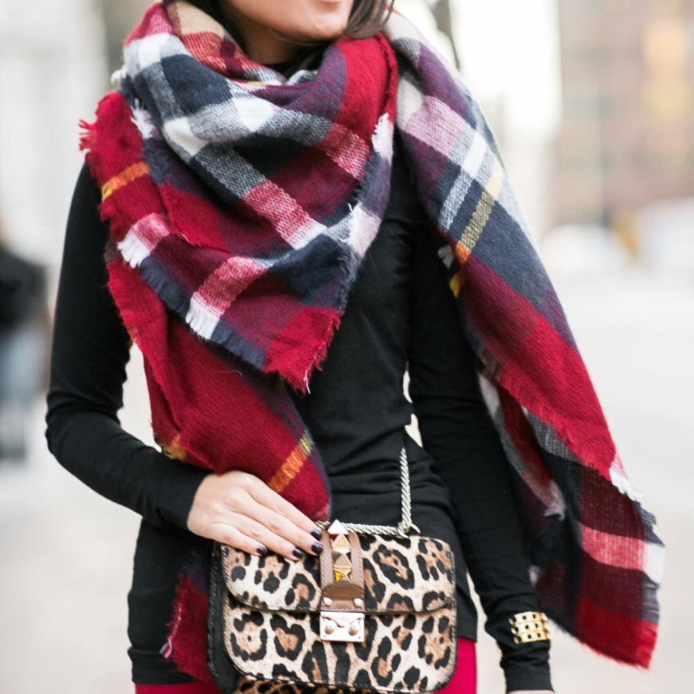 Zara Red Navy Plaid Blanket Scarf